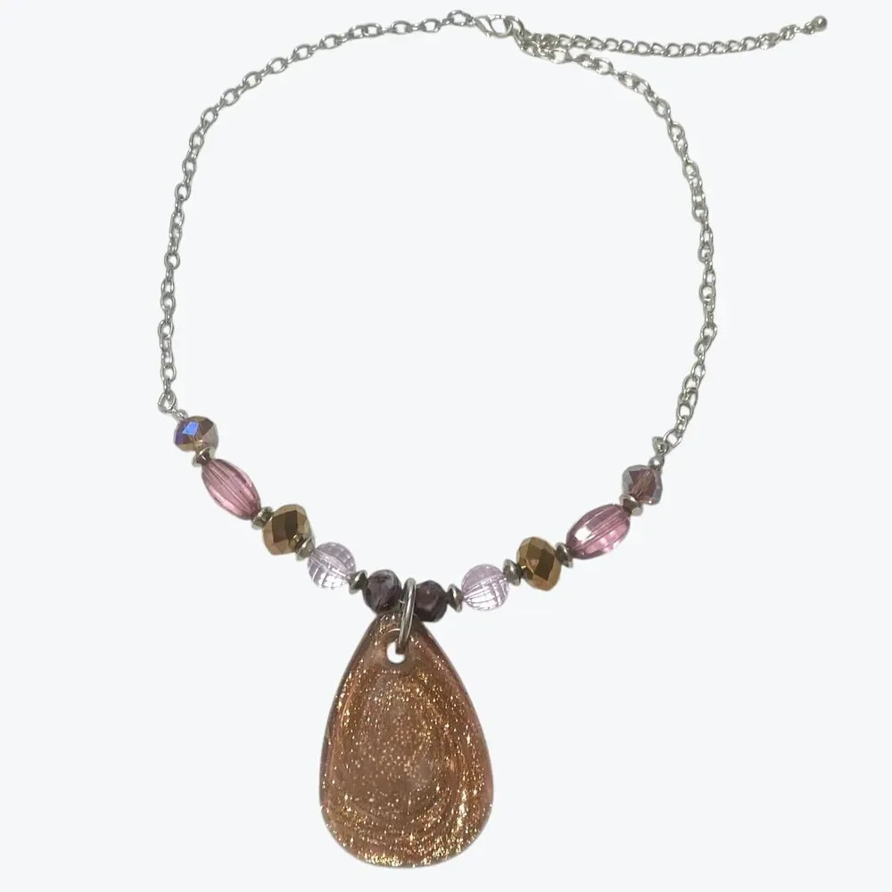 Art Glass Pendant Necklace Copper Aventurine Glitter Teardrop Crystal Beads